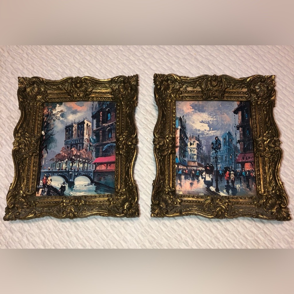 VINTAGE City Skyline Print Waterfront Painting Pair Set 6.5”X 5.5”